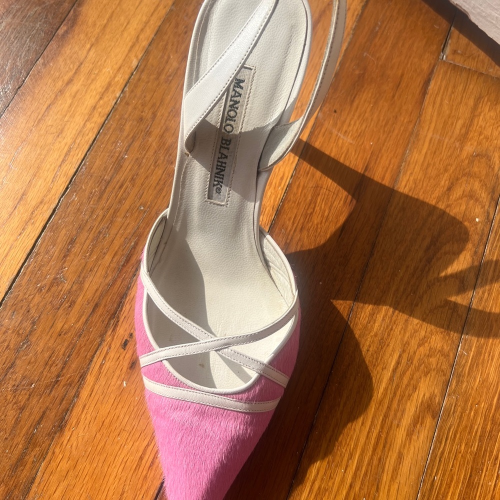Manolo Blahnik Pink Pony Hair Slingback Heels Size 37 Kitten Heel - Picture 8 of 16